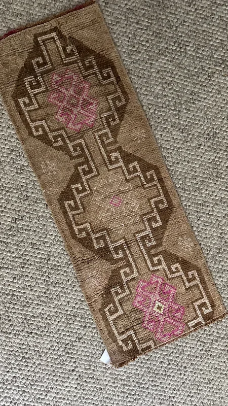 1’1 x 3’ Antique Kars Rug Muted Camel Brown, Beige + Pink 4768