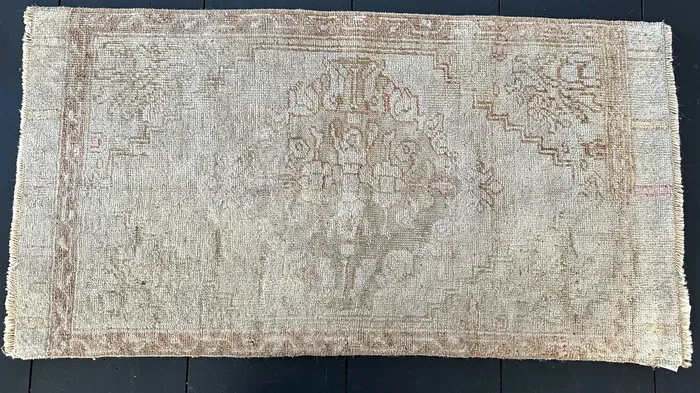 1’5 x 2’8 Antique Turkish Taspinar Rug Muted Gray + Camel Brown