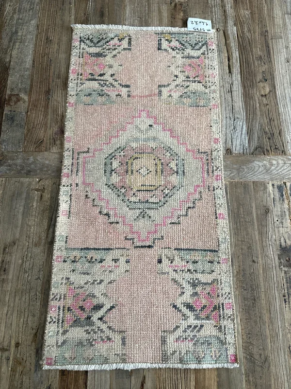 1’6 x 3’2 Vintage Turkish Oushak Rug Muted Pink, Gray & Charcoal