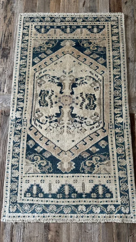 1’9 x 3’1 Vintage Turkish Taspinar Rug Muted Navy Blue, Beige & Taupe ‘5384