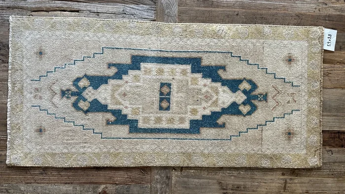 1’9 x 3’8 Vintage Turkish Taspinar Rug Muted Turquoise Blue, Beige & Light Gold ‘5380