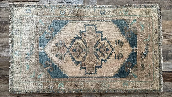 1’9 x 3’ Antique Turkish Taspinar Rug Muted Camel Beige & Teal ‘4790