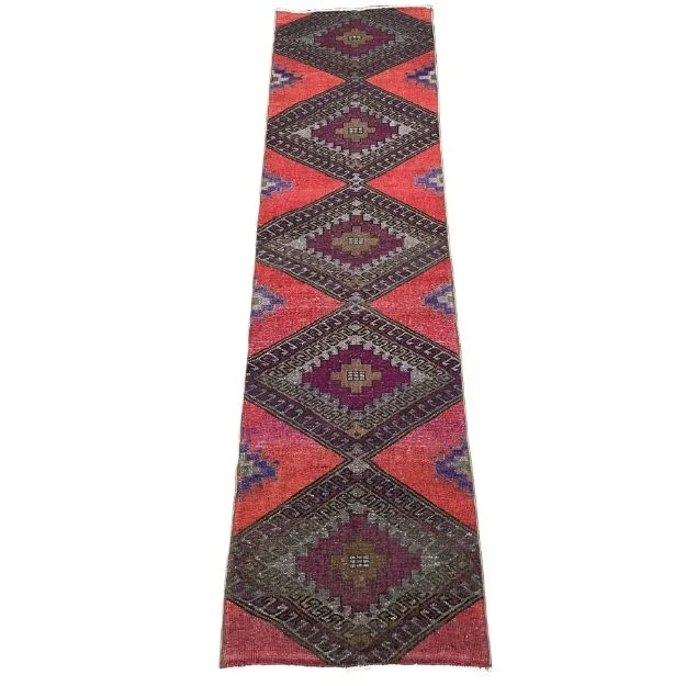 11.5 Ft Red Runner Hand-Knotted Distressed Wool Red Wide Runner Rug
