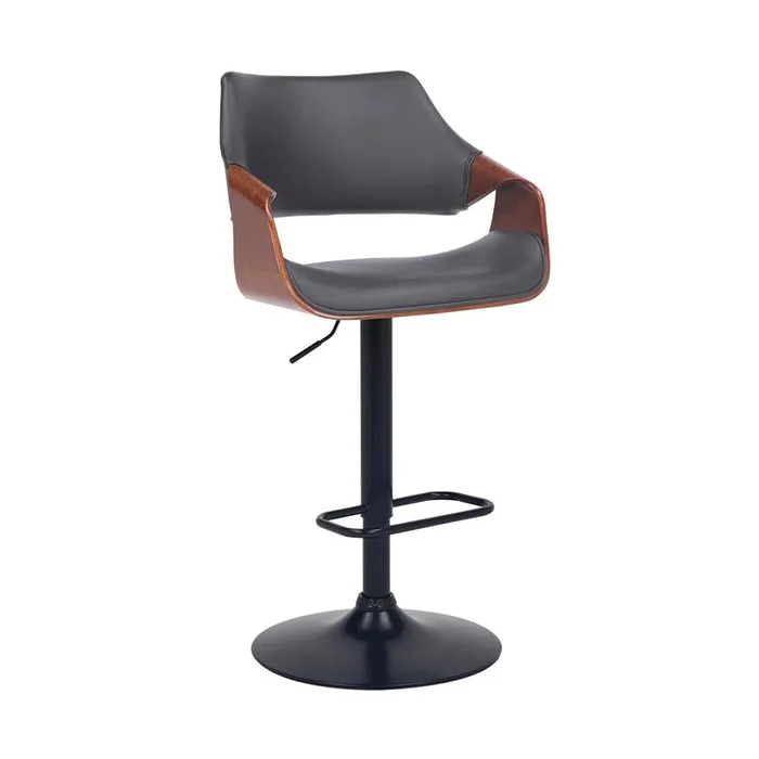 Armen Living – Aspen Adjustable Swivel Grey Faux Leather and Walnut Wood Bar Stool with Black Base – LCASBAWABLGR