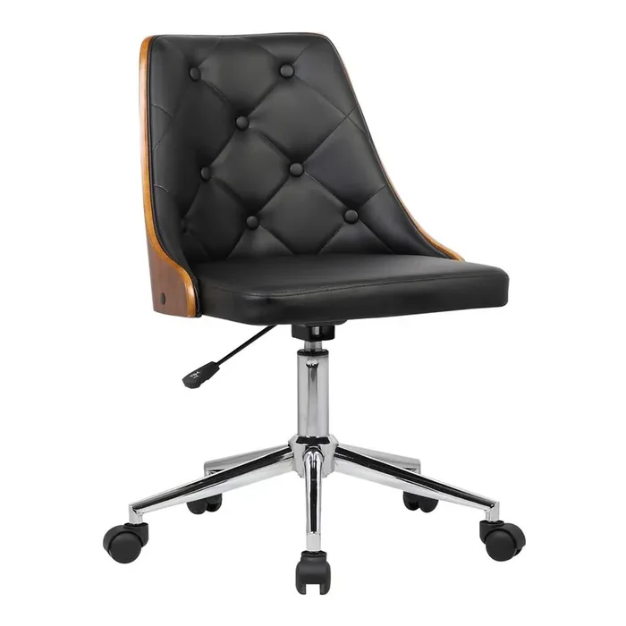 Armen Living – Diamond Mid-Century Office Chair in Chrome finish with Tufted Black Faux Leather and Walnut Veneer Back – LCDIOFCHBLACK