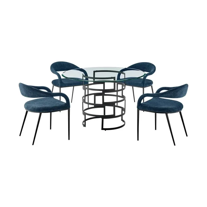 Armen Living – Diaz Morgan 5 Piece Round Glass Dining Table Set with Matte Black Iron and Blue Fabric – SETDI5BLKBLU