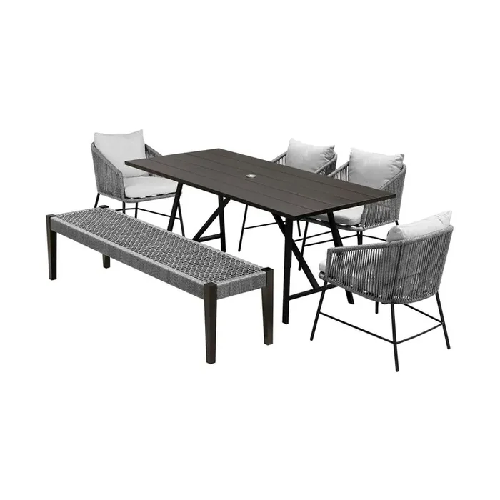 Armen Living – Koala Calica and Camino 6 Piece Outdoor Dining Set with Dark Eucalyptus Wood and Grey Rope and Cushions – 840254333802