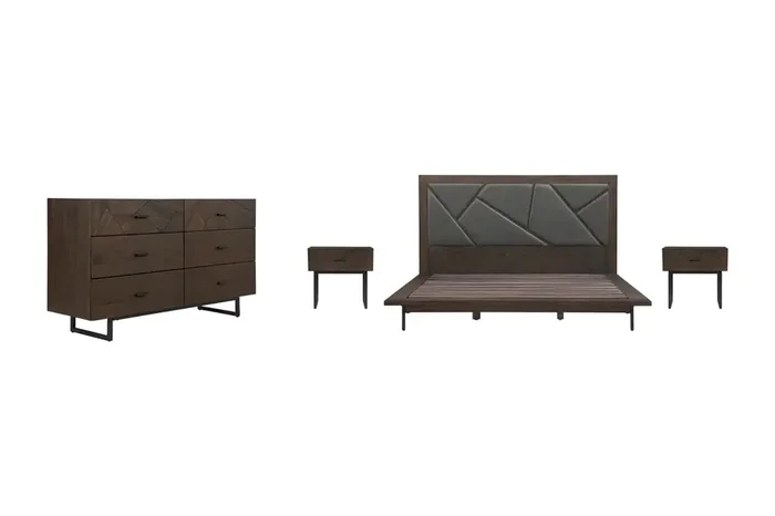 Armen Living – Marquis 4 Piece King Size Platform Bed Frame Bedroom Set in Oak Wood with Faux Leather Headboard – SETMUBDGRKG4A_CLOSEOUT