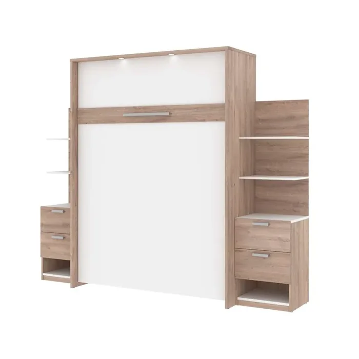 Bestar – Cielo 105W Queen Murphy Bed with Floating Shelves and Drawers (104W) in Rustic Brown & White – 80881-000009