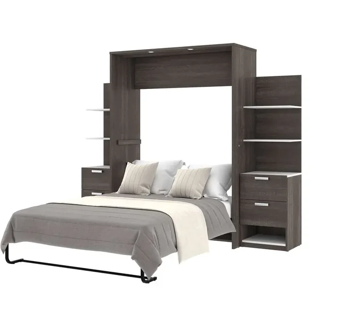 Bestar – Cielo 99W Full Murphy Bed with Floating Shelves and Drawers (98W) in Bark Grey & White – 80891-47
