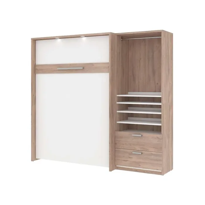 Bestar – Cielo Full Murphy Bed and Shelving Unit with Drawers (89W) in Rustic Brown & White – 80892-000009