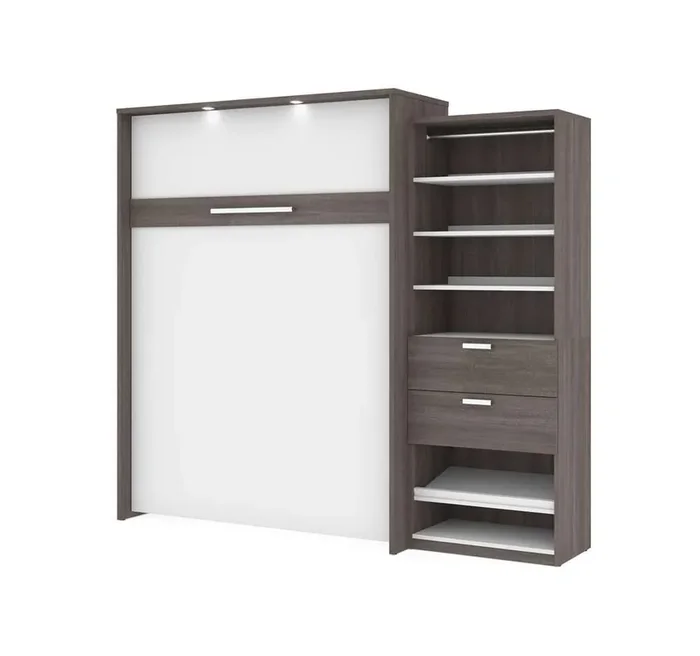 Bestar – Cielo Queen Murphy Bed and Shelving Unit with Drawers (95W) in Bark Grey & White – 80882-47