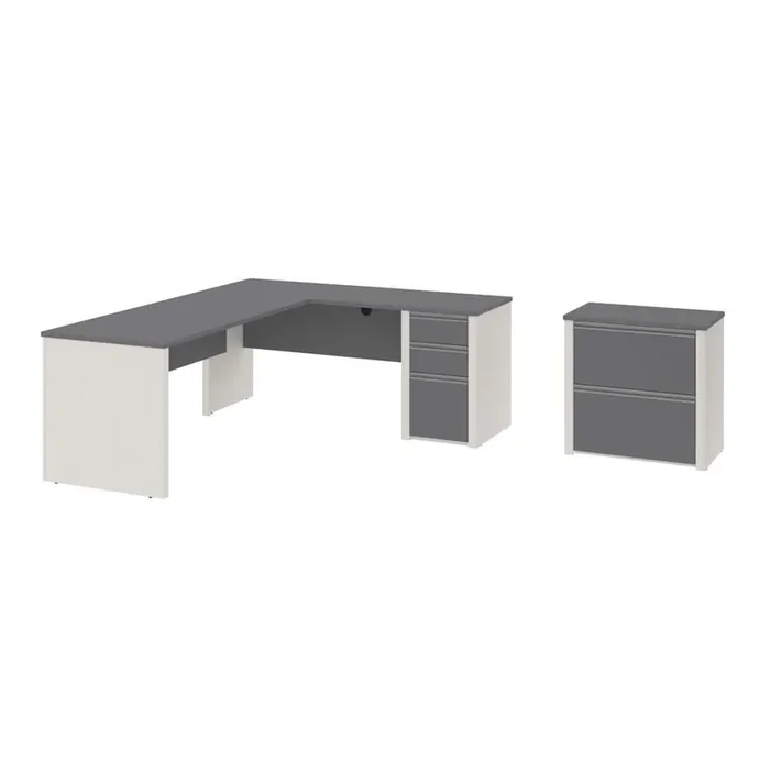 Bestar – Connexion 72W L-Shaped Desk with Lateral File Cabinet in Slate & Sandstone – 93883-59