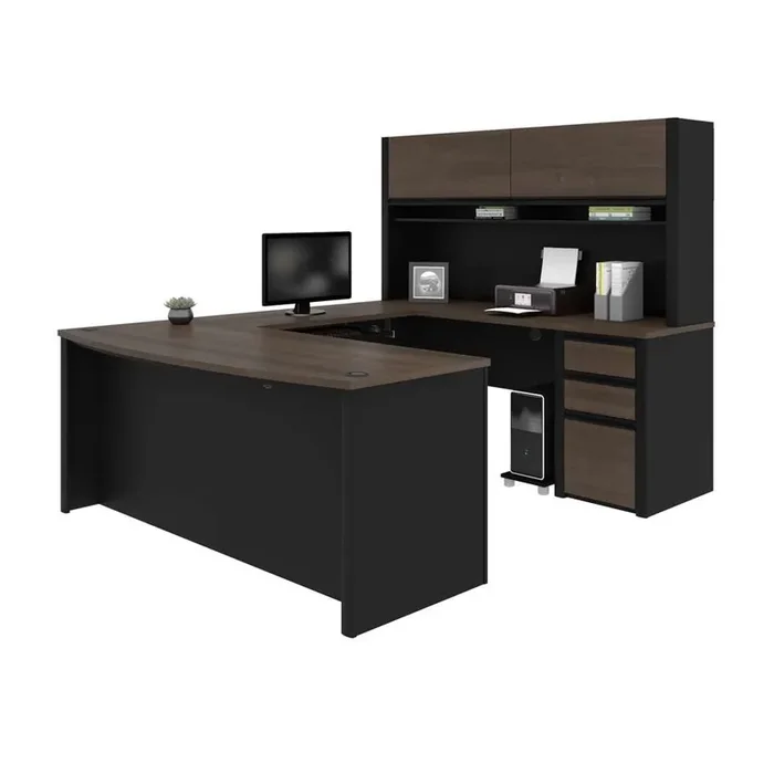 Bestar – Connexion 72W U-Shaped Executive Desk with Pedestal and Hutch in Antigua & Black – 93879-000052