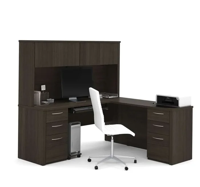 Bestar – Embassy 72W L-Shaped Desk with Hutch and 2 Pedestals in Dark Chocolate – 60893-79