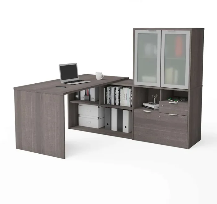 Bestar – I3 Plus 72W L-Shaped Desk with Frosted Glass Door Hutch in Bark Grey – 160851-47