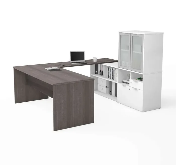 Bestar – I3 Plus 72W U-Shaped Executive Desk with Frosted Glass Doors Hutch in Bark Grey & White – 160861-4717