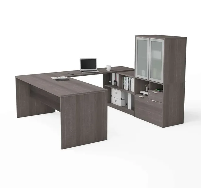 Bestar – I3 Plus 72W U-Shaped Executive Desk with Frosted Glass Doors Hutch in Bark Grey – 160861-47