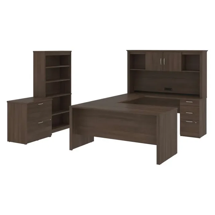 Bestar – Logan 66W U-Shaped Desk with Hutch, Lateral File Cabinet, and Bookcase in Antigua – 46851-52