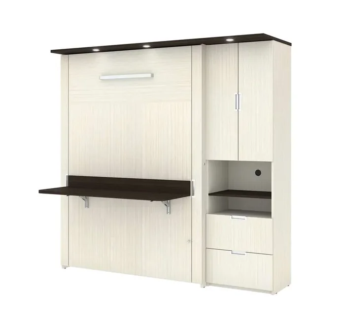 Bestar – Lumina Full Murphy Bed with Desk and Storage Cabinet (83W) in White Chocolate – 85890-31