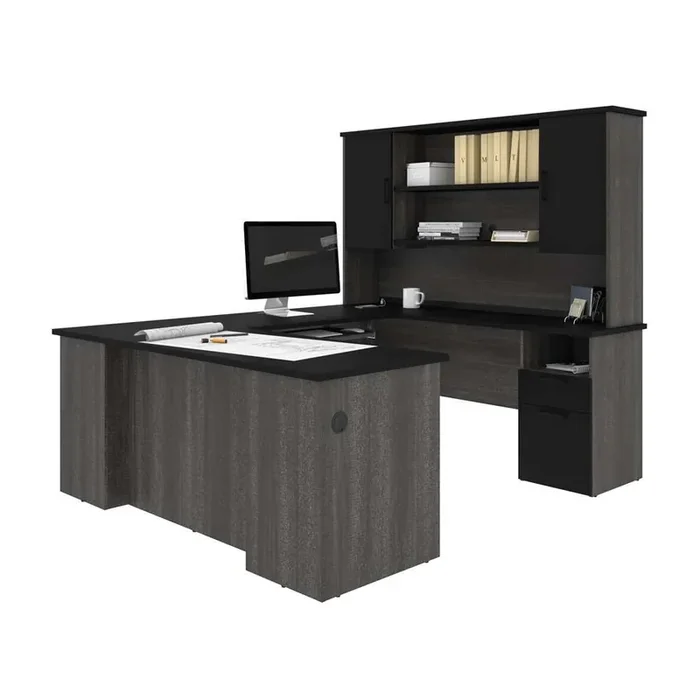 Bestar – Norma 71W U Or L-Shaped Executive Desk with Hutch in Black & Bark Gray – 181852-000018