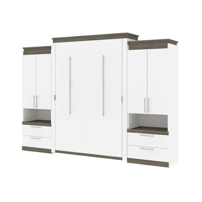 Bestar – Orion 124W Queen Murphy Bed and 2 Storage Cabinets with Pull-Out Shelves (125W) in White & Walnut Grey – 116870-000017
