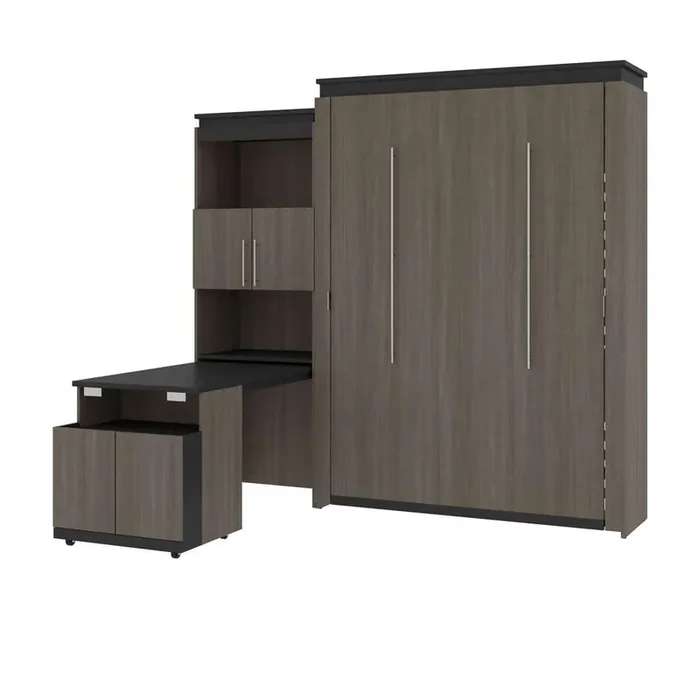 Bestar – Orion Queen Murphy Bed and Shelving Unit with Fold-Out Desk (95W) in Bark Gray & Graphite – 116875-000047