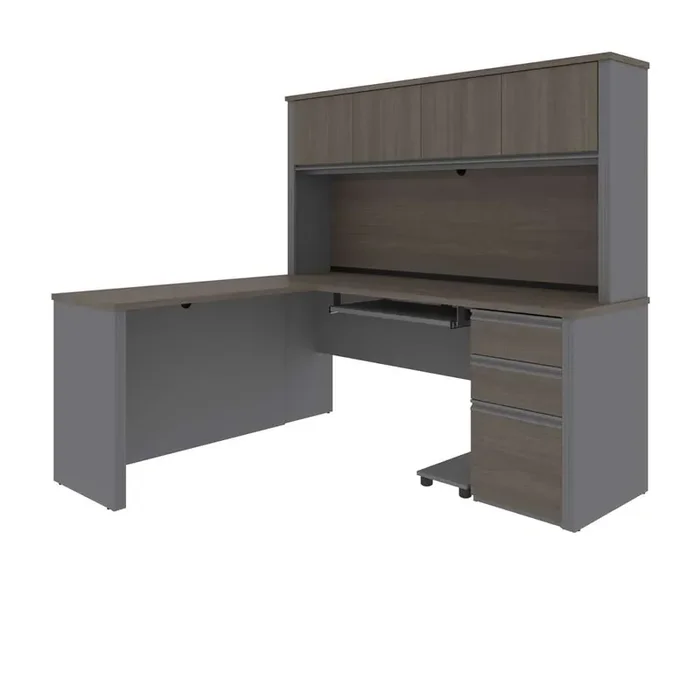 Bestar – Prestige + 72W L-Shaped Desk with Pedestal and Hutch in Bark Grey & Slate – 99872-000047