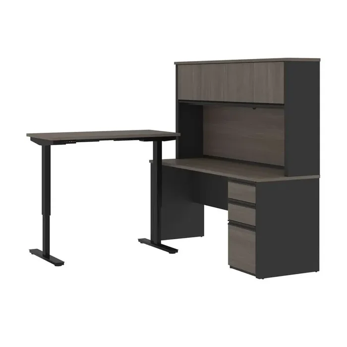Bestar – Prestige + 72W L-Shaped Standing Desk with Pedestal and Hutch in Bark Grey & Slate – 99886-000047
