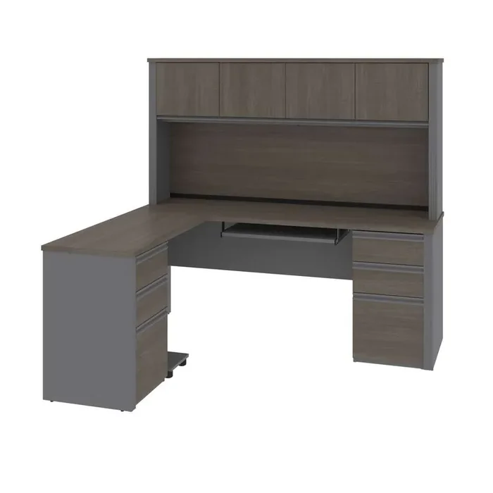 Bestar – Prestige + 72W Modern L-Shaped Office Desk with Two Pedestals and Hutch in Bark Grey & Slate – 99852-000047