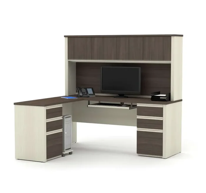 Bestar – Prestige + 72W Modern L-Shaped Office Desk with Two Pedestals and Hutch in White Chocolate & Antigua – 99852-52