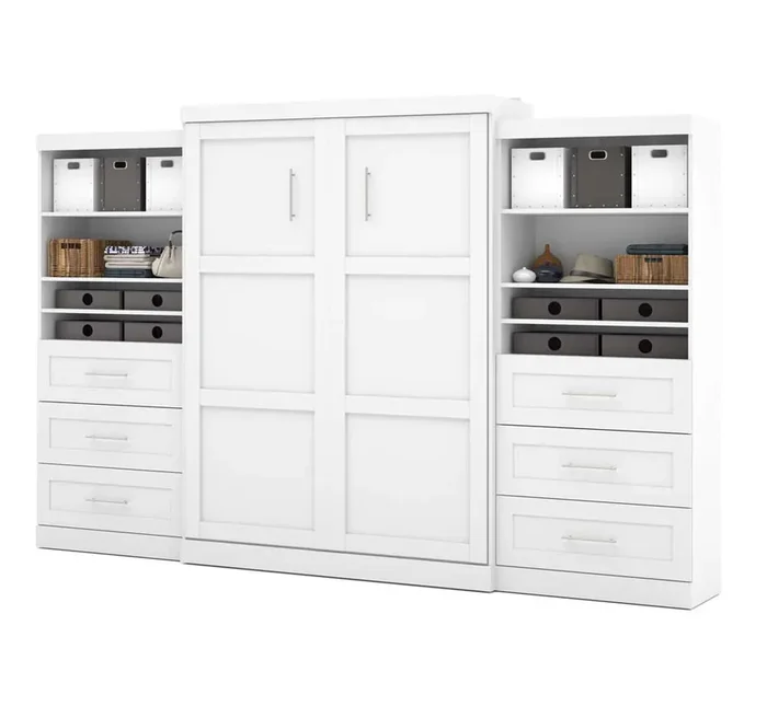 Bestar – Pur Queen Murphy Bed and 2 Shelving Units with Drawers (136W) in White – 26886-17