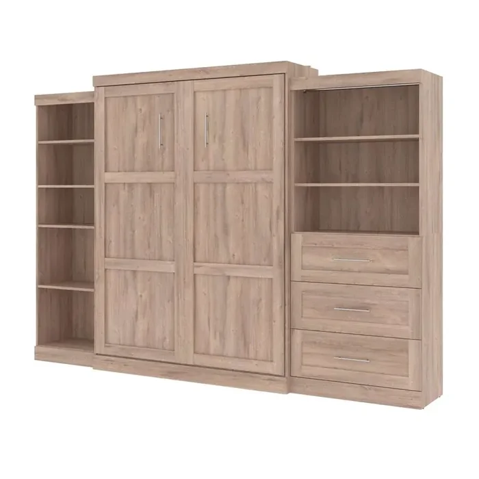 Bestar – Pur Queen Murphy Bed with Shelving and Drawers (126W) in Rustic Brown – 26882-000009