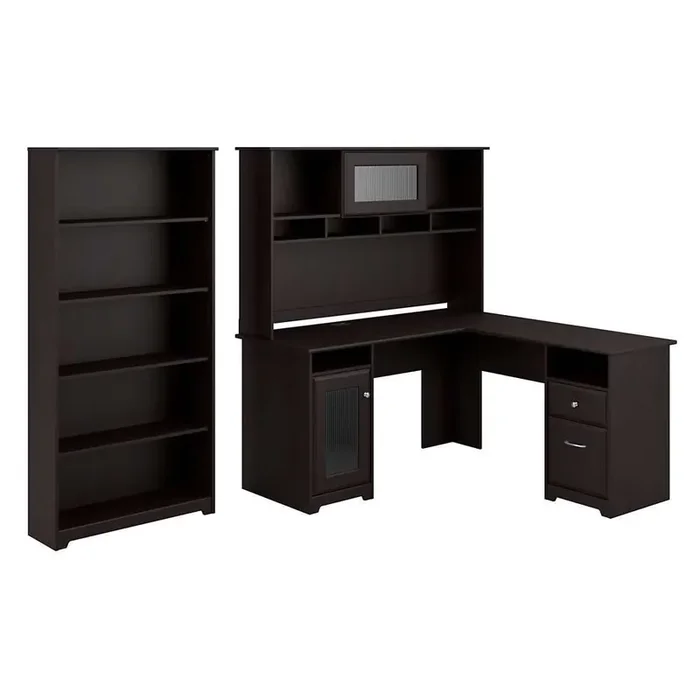 Bush Furniture – Cabot 60W L Shaped Computer Desk with Hutch and 5 Shelf Bookcase in Espresso Oak – CAB011EPO