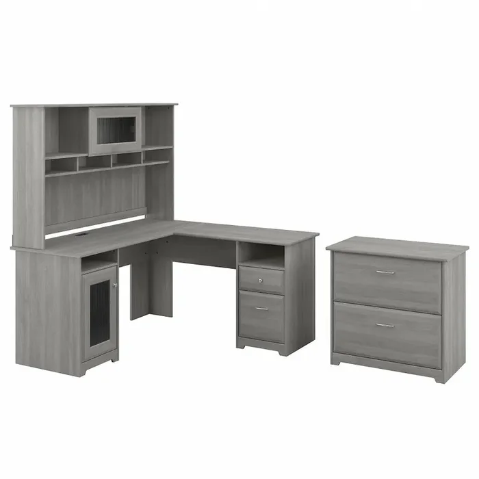 Bush Furniture – Cabot 60W L Shaped Computer Desk with Hutch and Lateral File Cabinet in Modern Gray – CAB005MG