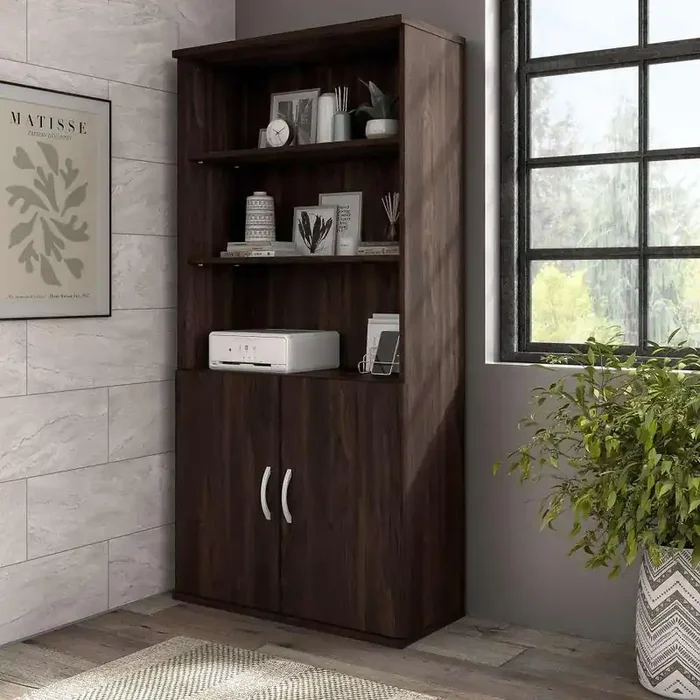 Bush Furniture – Hybrid Tall 5 Shelf Bookcase with Doors in Black Walnut – HYB024BW
