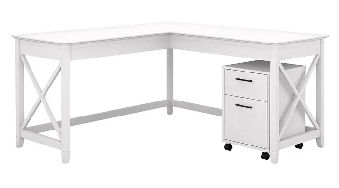 Bush Furniture – Key West 60W L Shaped Desk with 2 Drawer Mobile File Cabinet in Pure White Oak – KWS013WT