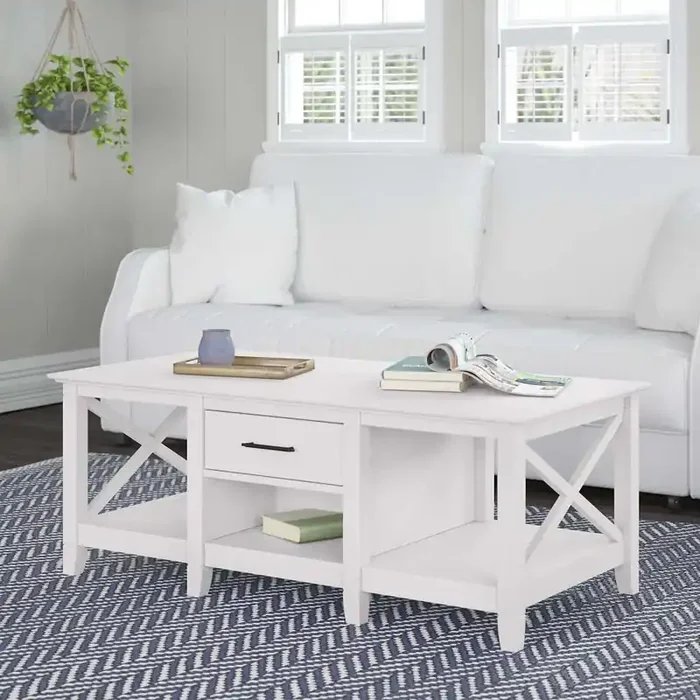 Bush Furniture – Key West Coffee Table with Storage in Pure White Oak – KWT148WT-03