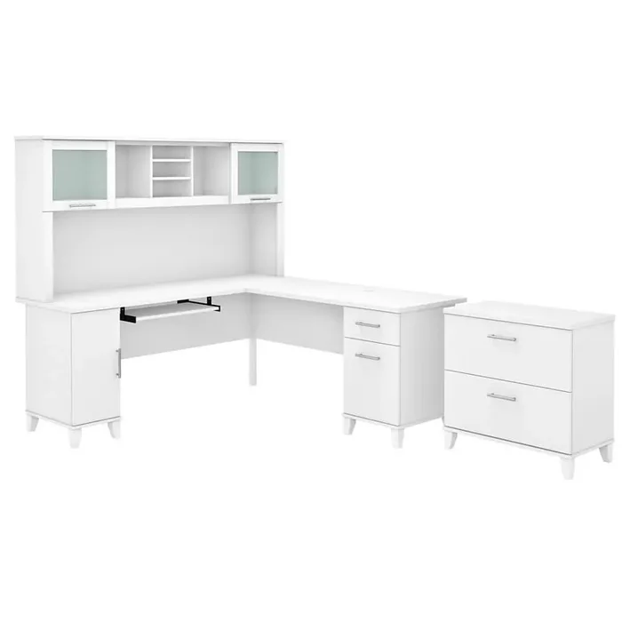 Bush Furniture – Somerset 72W L Shaped Desk with Hutch and Lateral File Cabinet in White – SET009WH