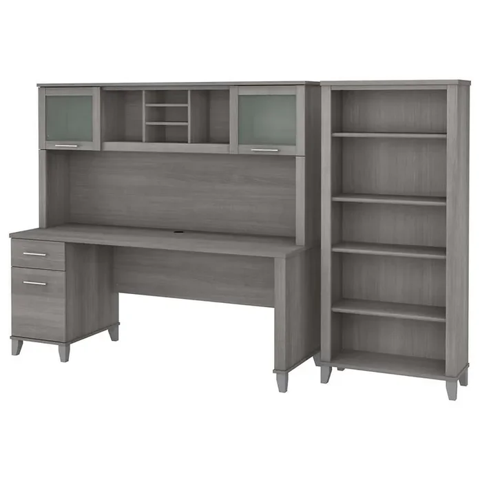 Bush Furniture – Somerset 72W Office Desk with Hutch and 5 Shelf Bookcase in Platinum Gray – SET020PG