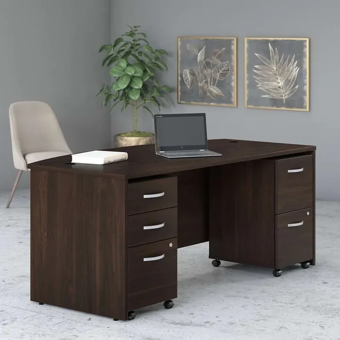Bush Furniture – Studio C 72W x 36D Bow Front Desk with Mobile File Cabinets in Black Walnut – STC012BWSU