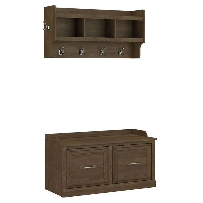 Bush Furniture – Woodland 40W Shoe Storage Bench with Doors and Wall Mounted Coat Rack in Ash Brown – WDL003ABR