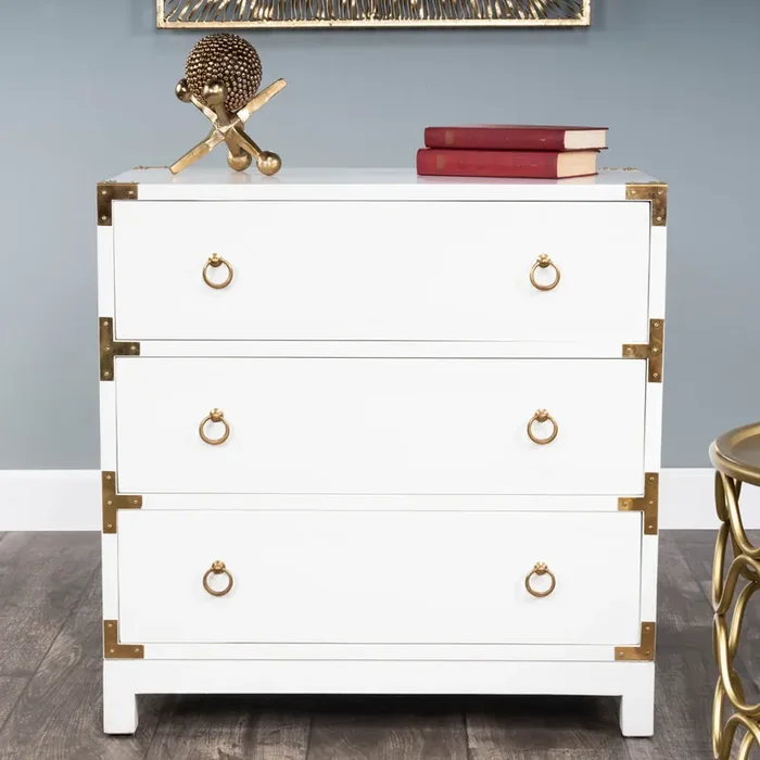 Butler Specialty Company – Campaign – Forster 28 in. W Rectangular Wood Campaign 3 Drawer Dresser, White – 9337304_CLOSEOUT