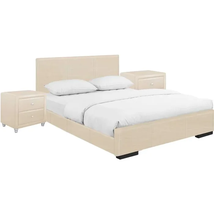 Camden Isle – Hindes Upholstered Platform Bed, Beige, Queen with 2 Nightstands – 86953