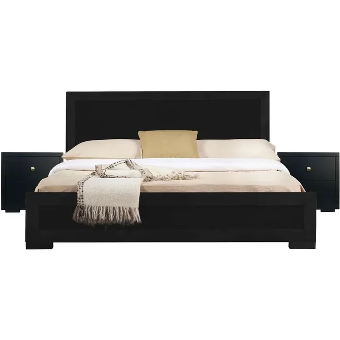 Camden Isle – Trent Wooden Platform Bed in Black, Queen with 2 Nightstands – 312132