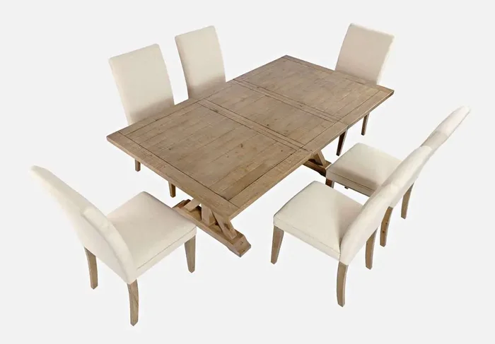 Jofran – Carlyle Crossing Solid Pine 78in Seven-Piece Dining Set with Upholstered Chairs – 1921-78D-7U