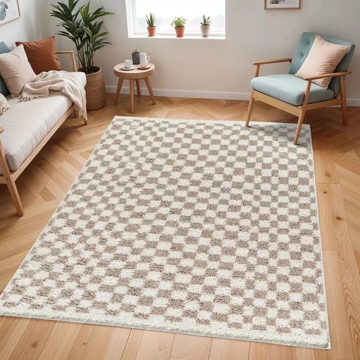 KITTU Shaggy Modern Plush Pile Light Brown Checkered Rug