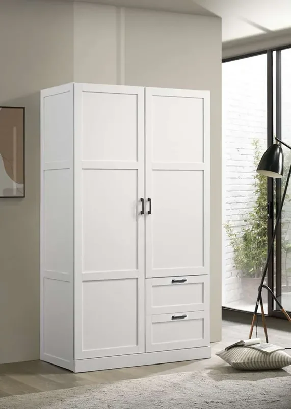 Lilola Home – Aubree White Wardrobe Cabinet Armoire with 2 Drawers and Hanging Rod – 96004