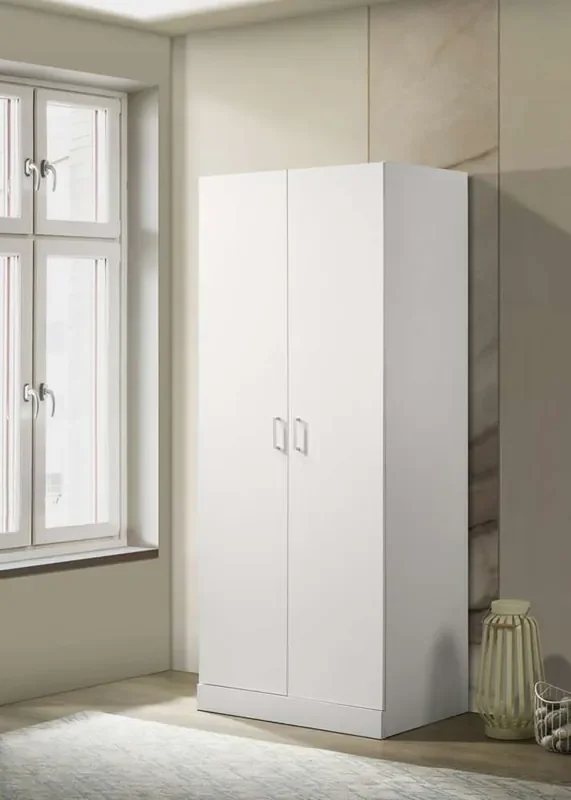 Lilola Home – Michael White Double Door Wardrobe Cabinet Armoire with Shelf and Hanging Rod – 96005